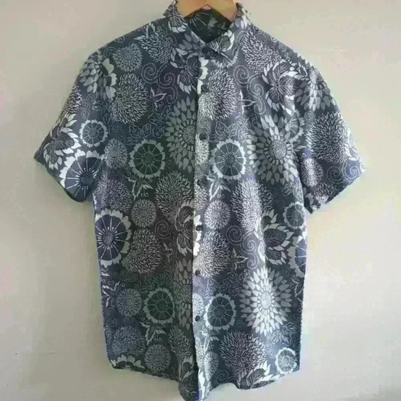 PERRY ELLIS | Men's Navy Floral Short Sleeve Linen/Cotton Button  Up Shi… - Picture 2 of 4